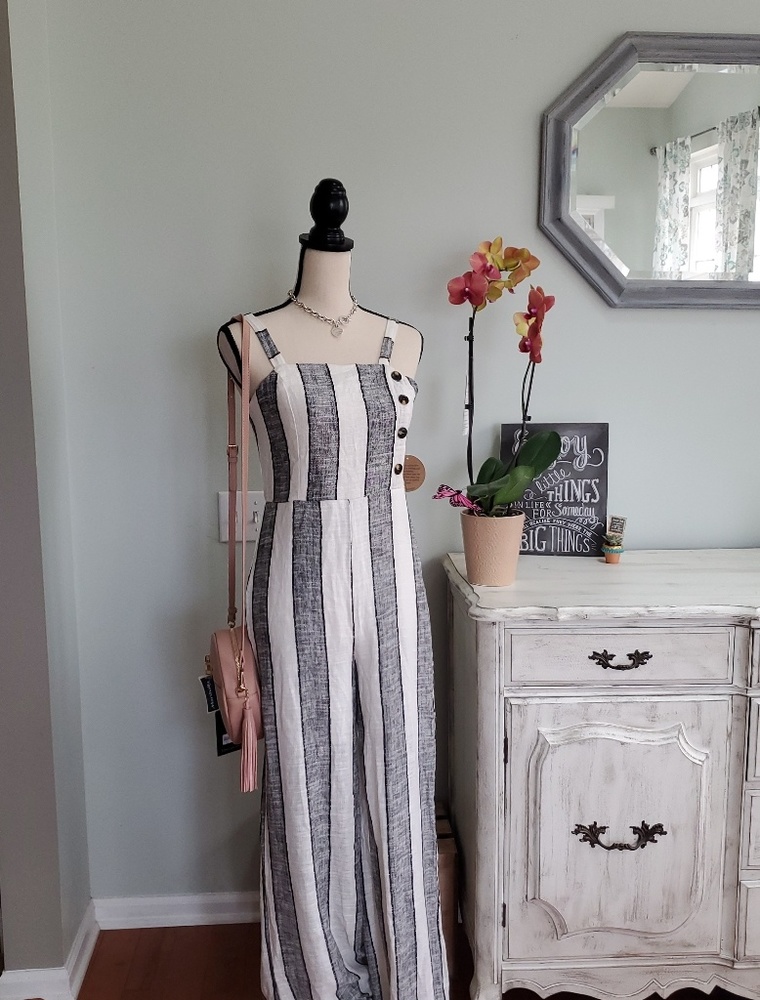More coming🔥🔥! Linen Blend Gray Striped Jumpsuit - Picture 2 of 4